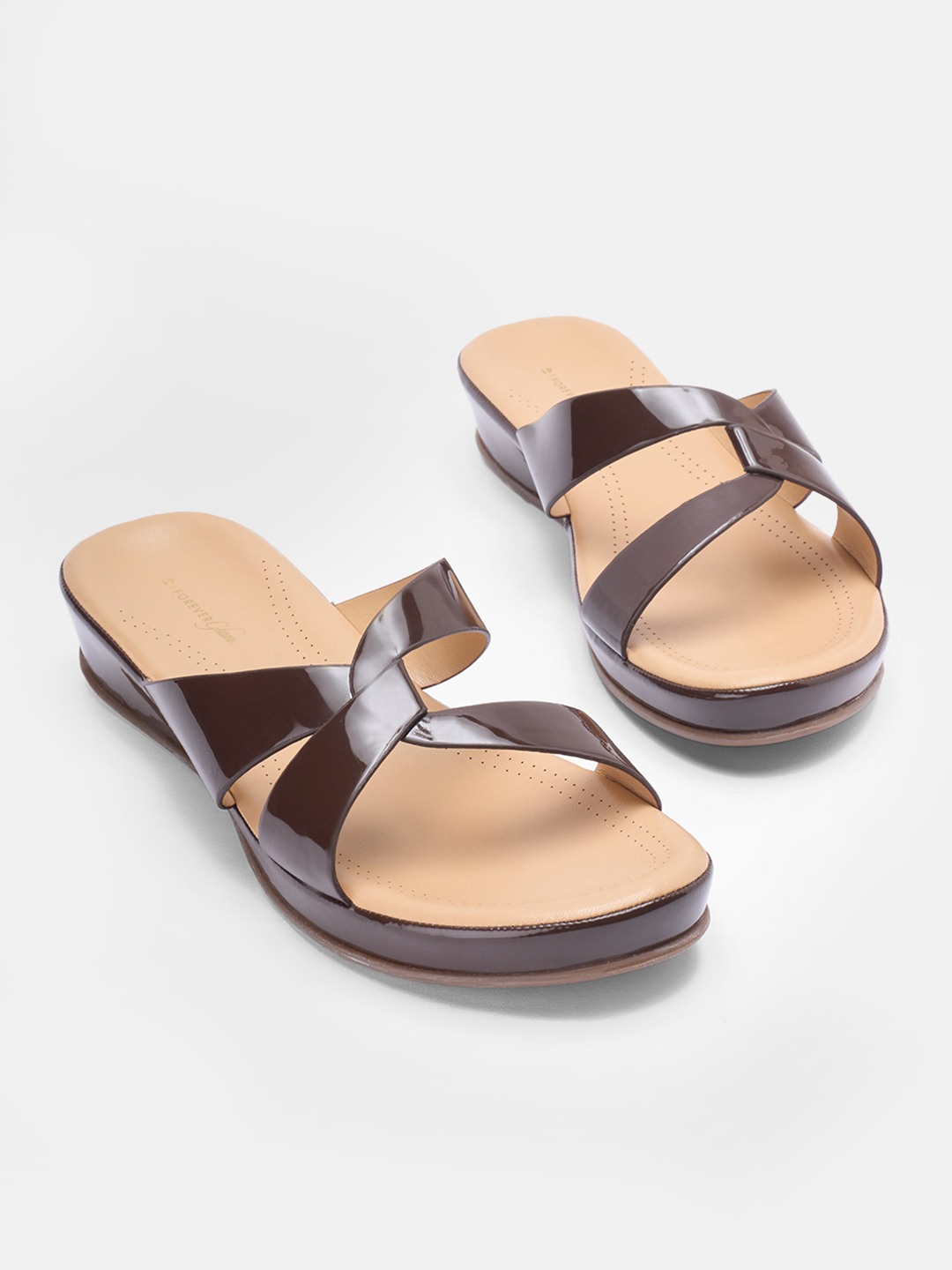 Brown Patent Cross-Strap Comfort Sandals