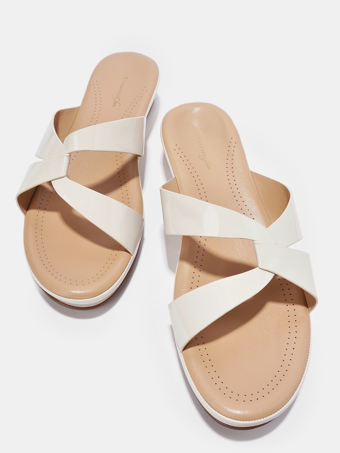 Off-White Patent Cross Strap Comfort Sandals