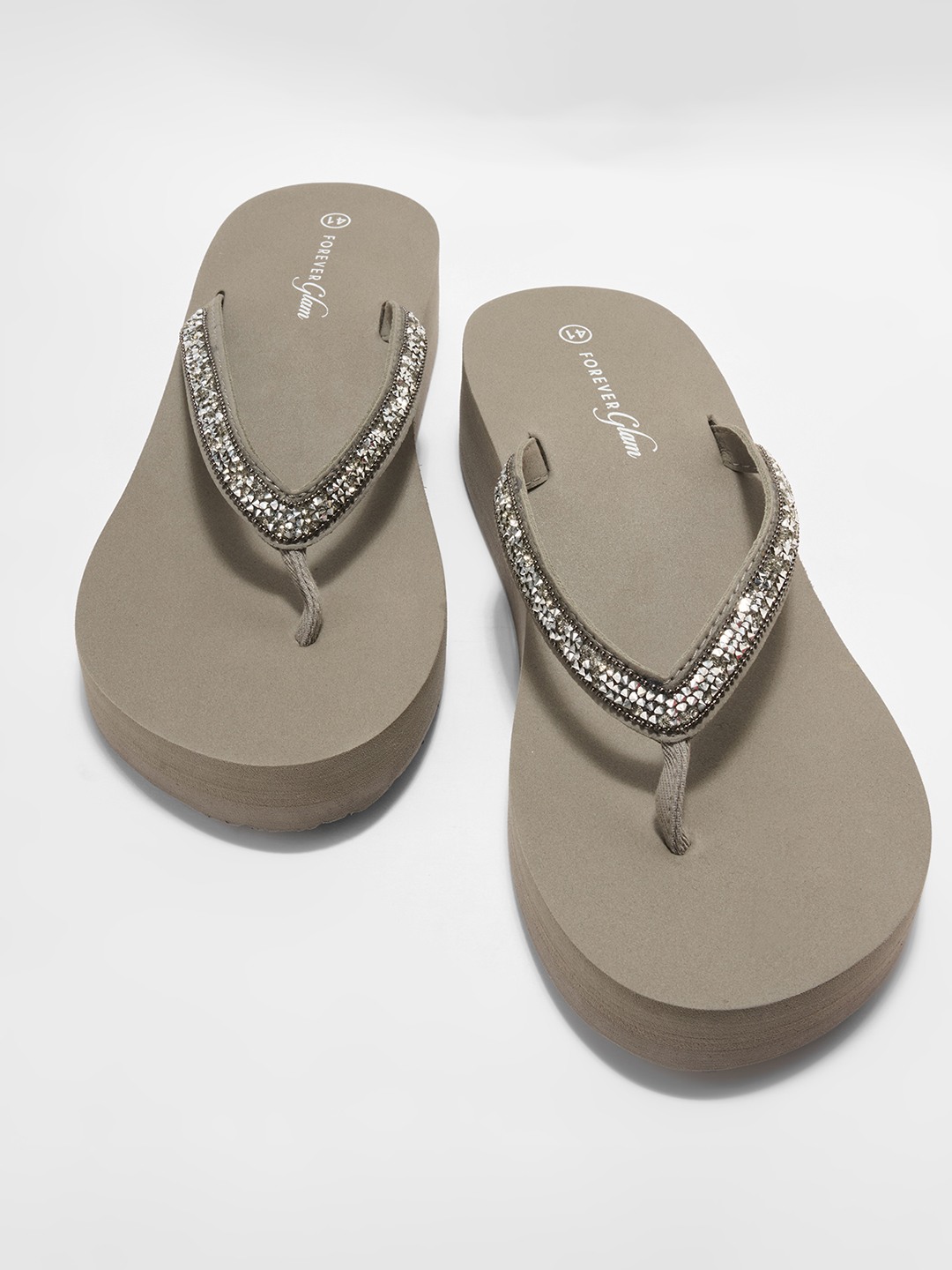 Grey Glitter-Strap Platform Flip Flops