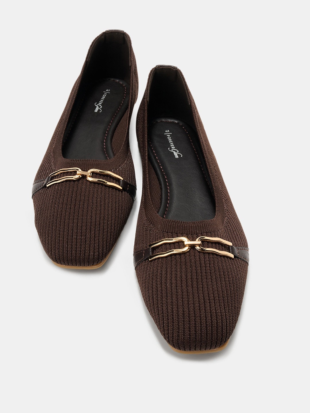 Brown Knit Slip-on Flat Shoes with Gold Hardware
