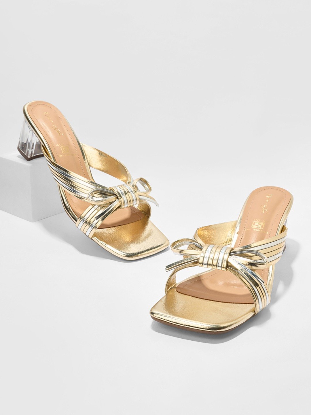 Gold Metallic Bow Block Heel Sandals