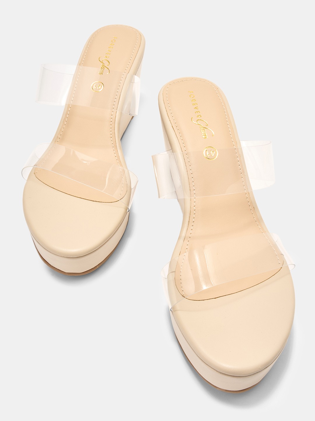 Beige Clear Dual Band Slip-On Wedges