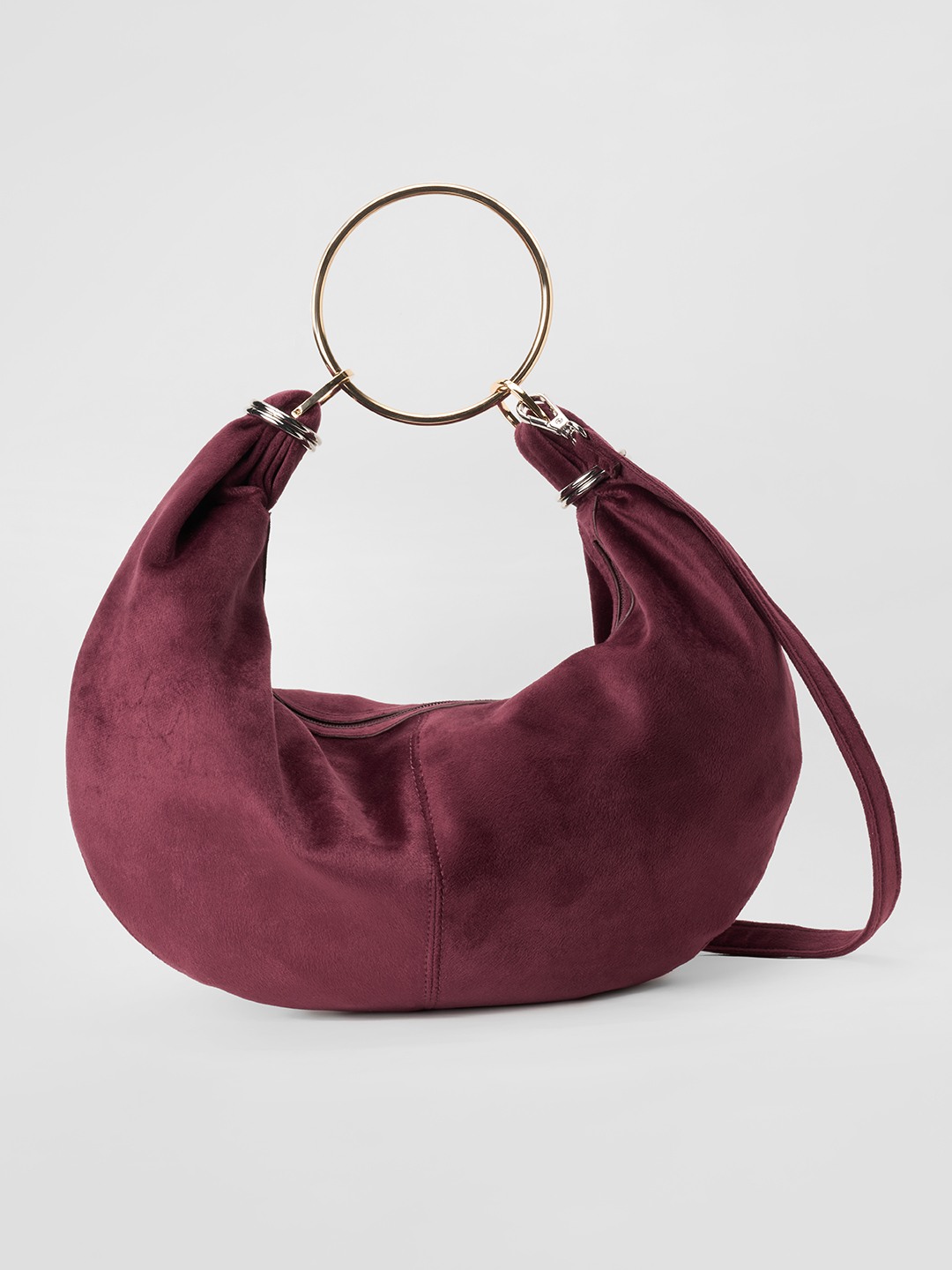 Wine Ring-Handle Suede Finish Shoulder Bag