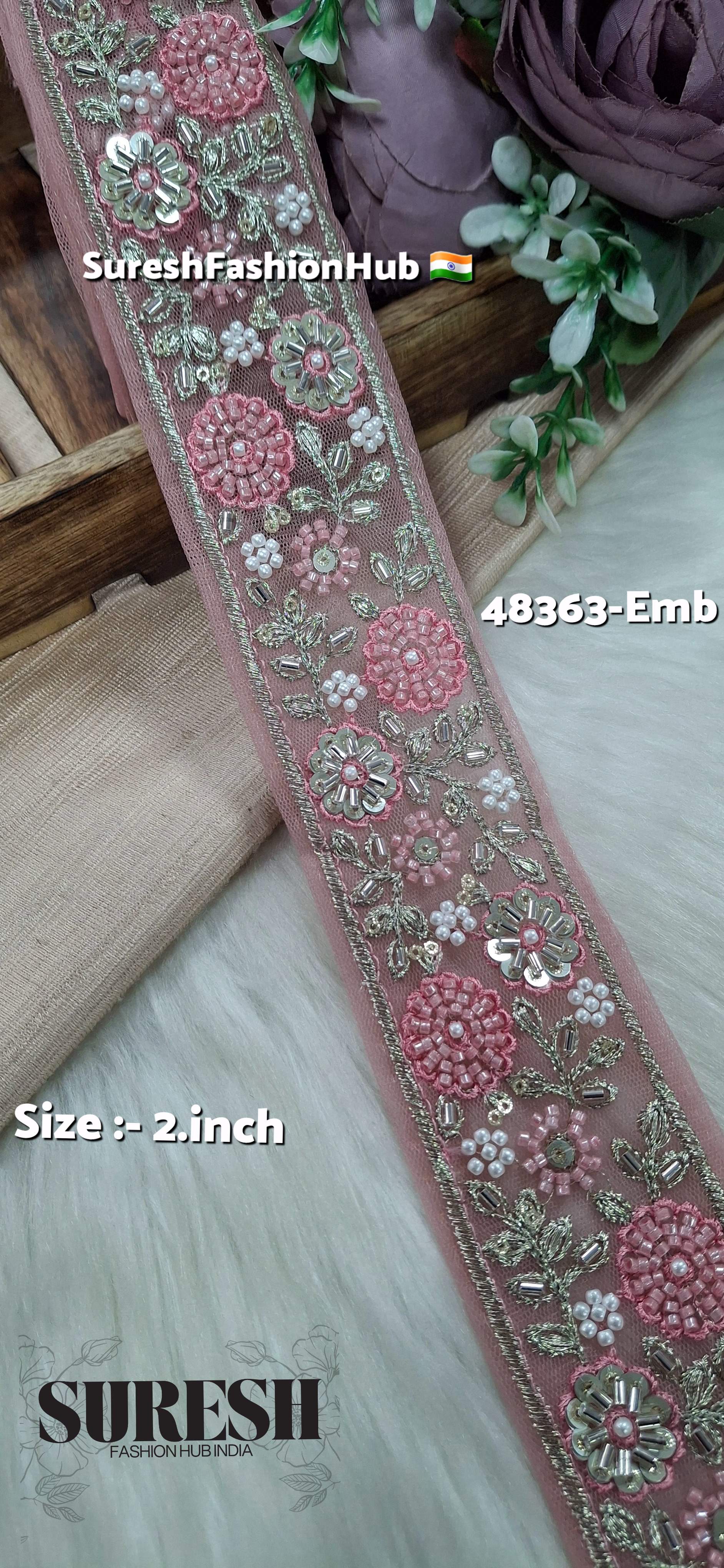 Pink Beaded Floral Net Embroidered Lace