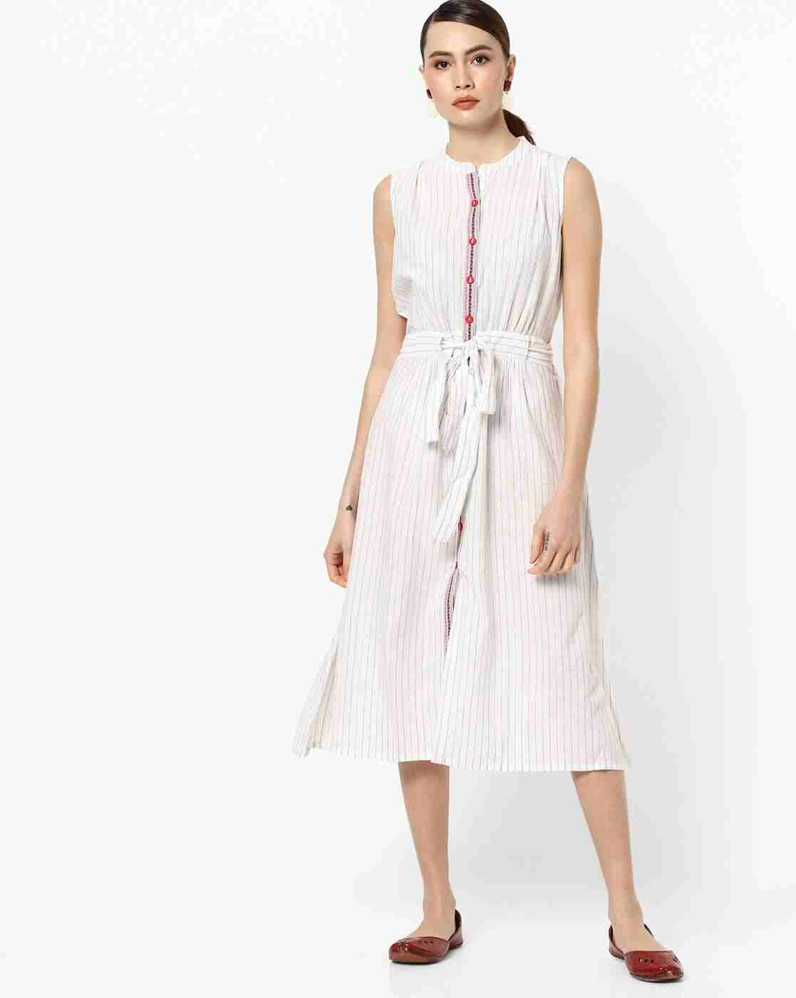 FUSION | Striped A-line Kurta with Waist Tie-Up|0