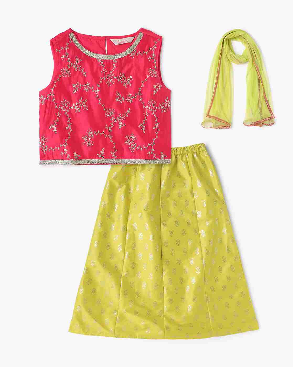 FUSION | Embellished Top & Lehanga Set with Dupatta|0