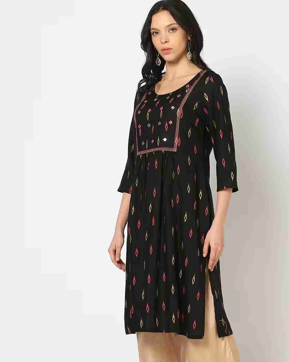 FUSION | Women Ikat Print Relaxed Fit Straight Kurta|0