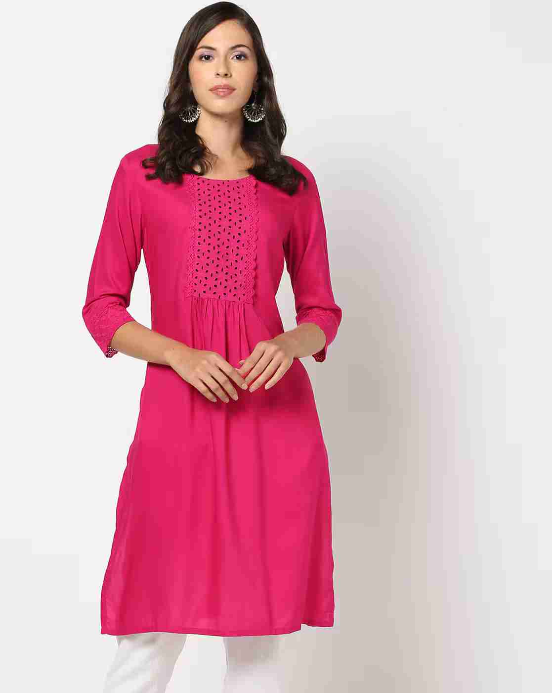 FUSION | Women Straight Kurta with Schiffli Embroidered Yoke|0