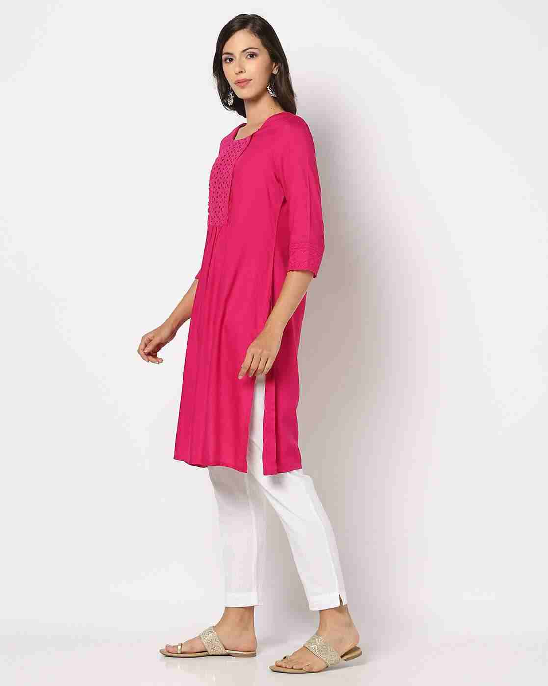 FUSION | Women Straight Kurta with Schiffli Embroidered Yoke|1