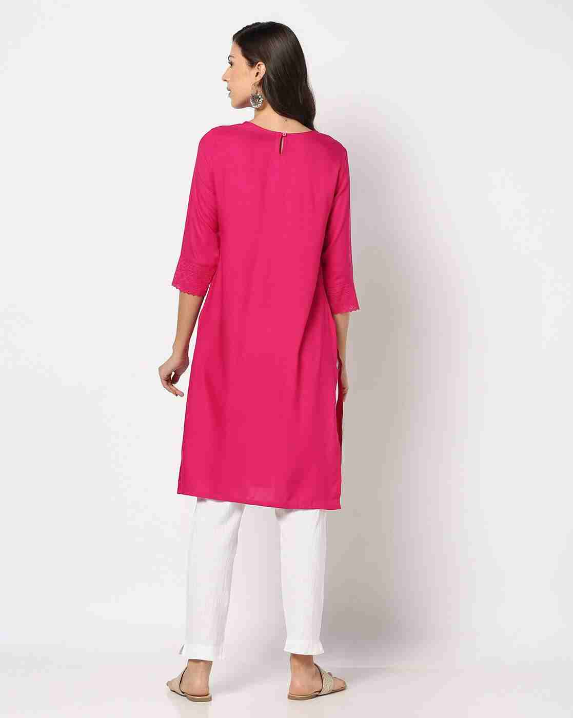 FUSION | Women Straight Kurta with Schiffli Embroidered Yoke|2