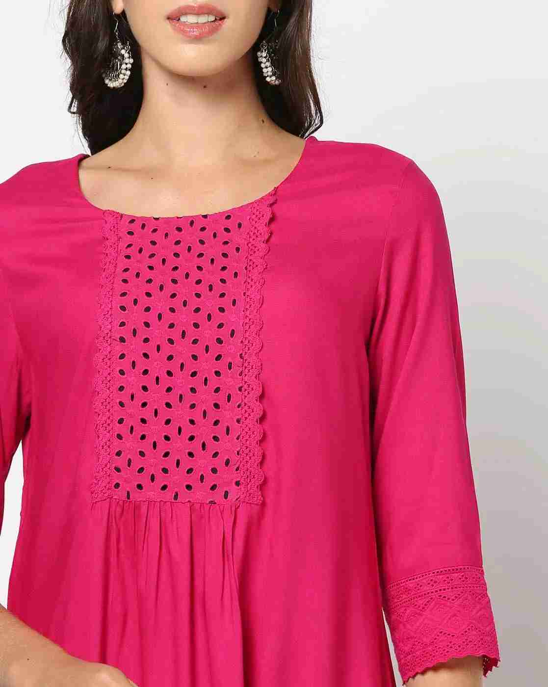 FUSION | Women Straight Kurta with Schiffli Embroidered Yoke|3