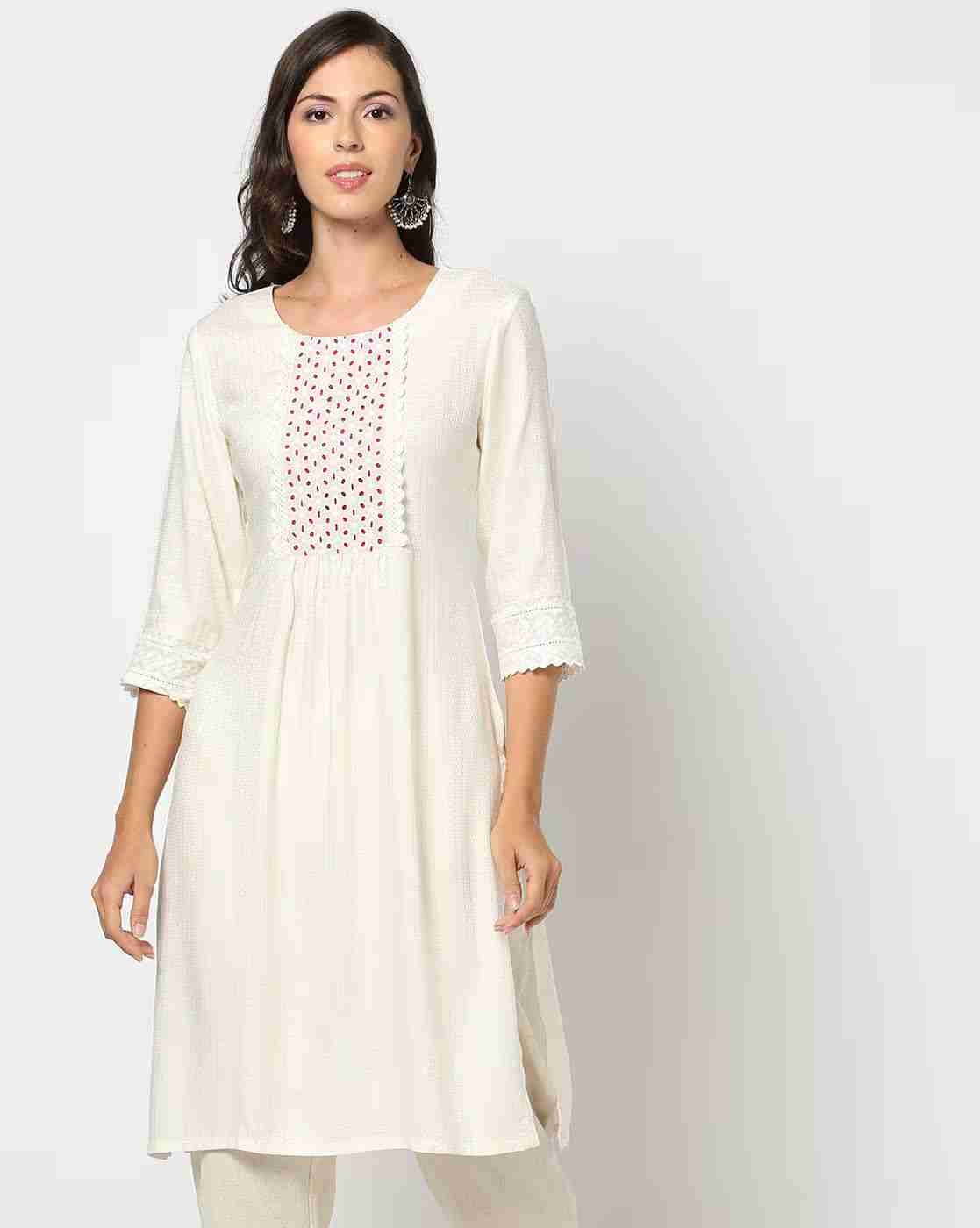 FUSION | Women Straight Kurta with Schiffli Embroidered Yoke|0