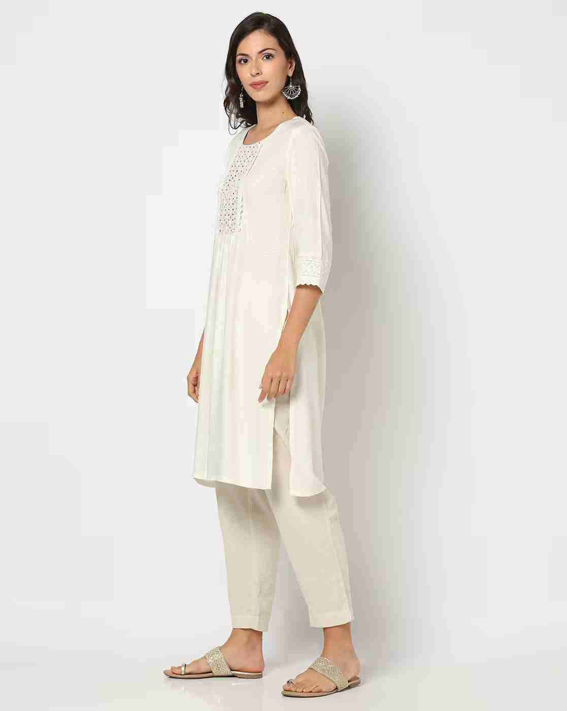 FUSION | Women Straight Kurta with Schiffli Embroidered Yoke|1