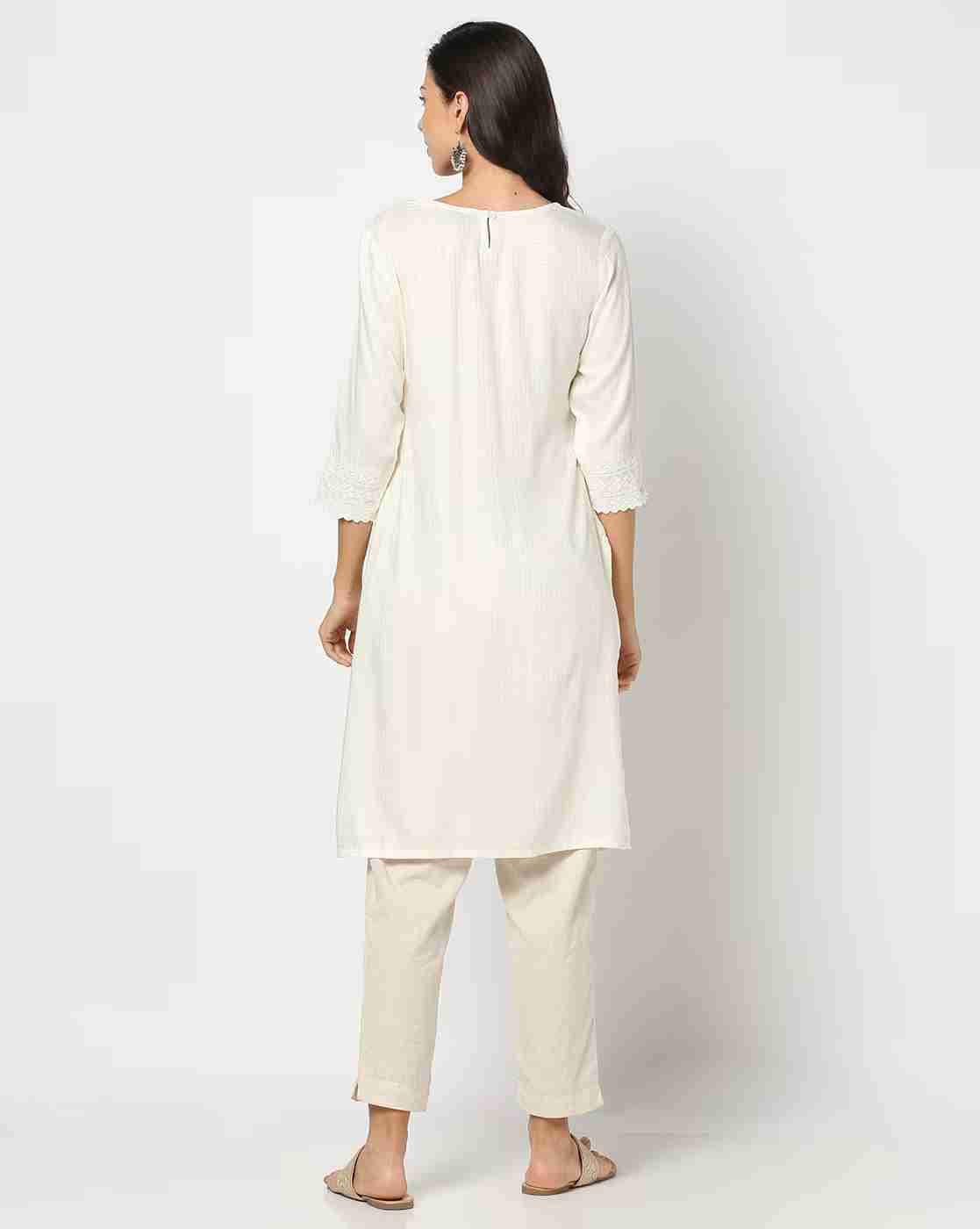 FUSION | Women Straight Kurta with Schiffli Embroidered Yoke|2