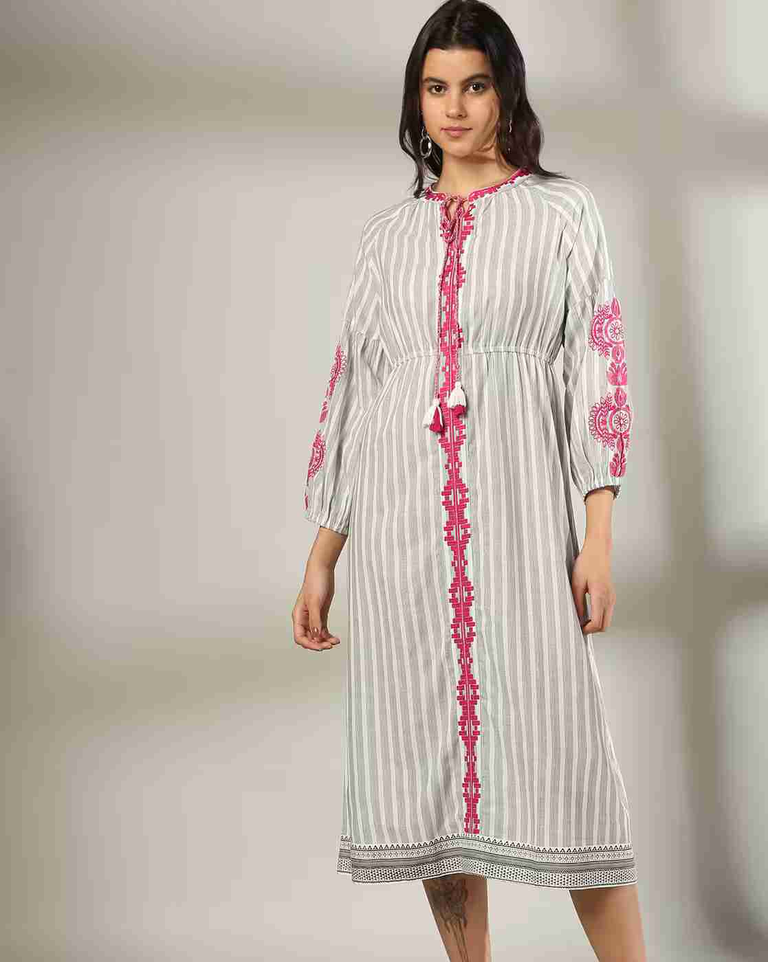 FUSION | Women Striped Round-Neck A-Line Dress|0