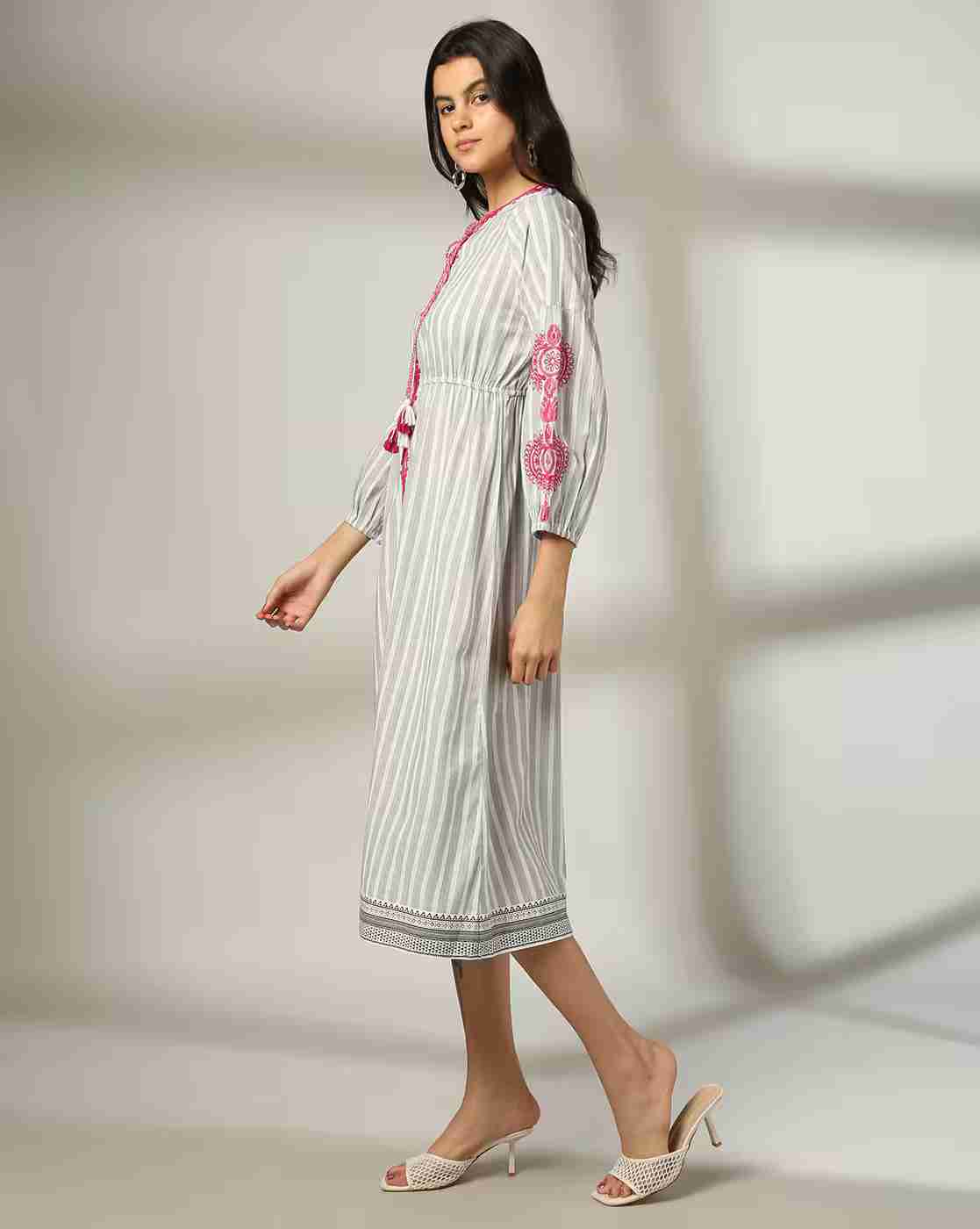 FUSION | Women Striped Round-Neck A-Line Dress|1