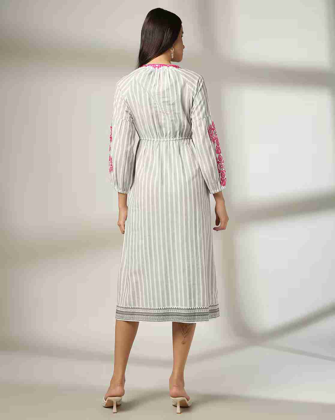 FUSION | Women Striped Round-Neck A-Line Dress|2