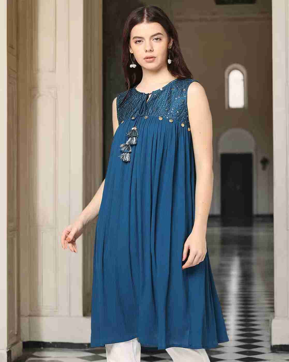 FUSION | Women Embroidered A-Line Kurta with Pants|0