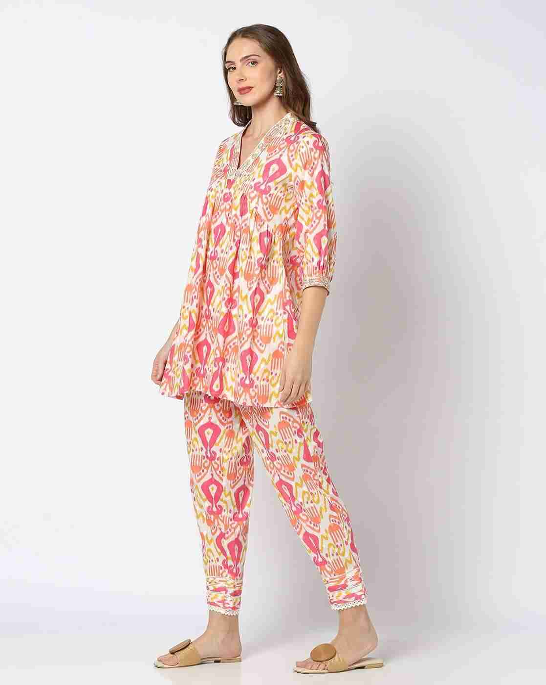 FUSION | Women Ikat Print A-Line Kurta with Pants|1