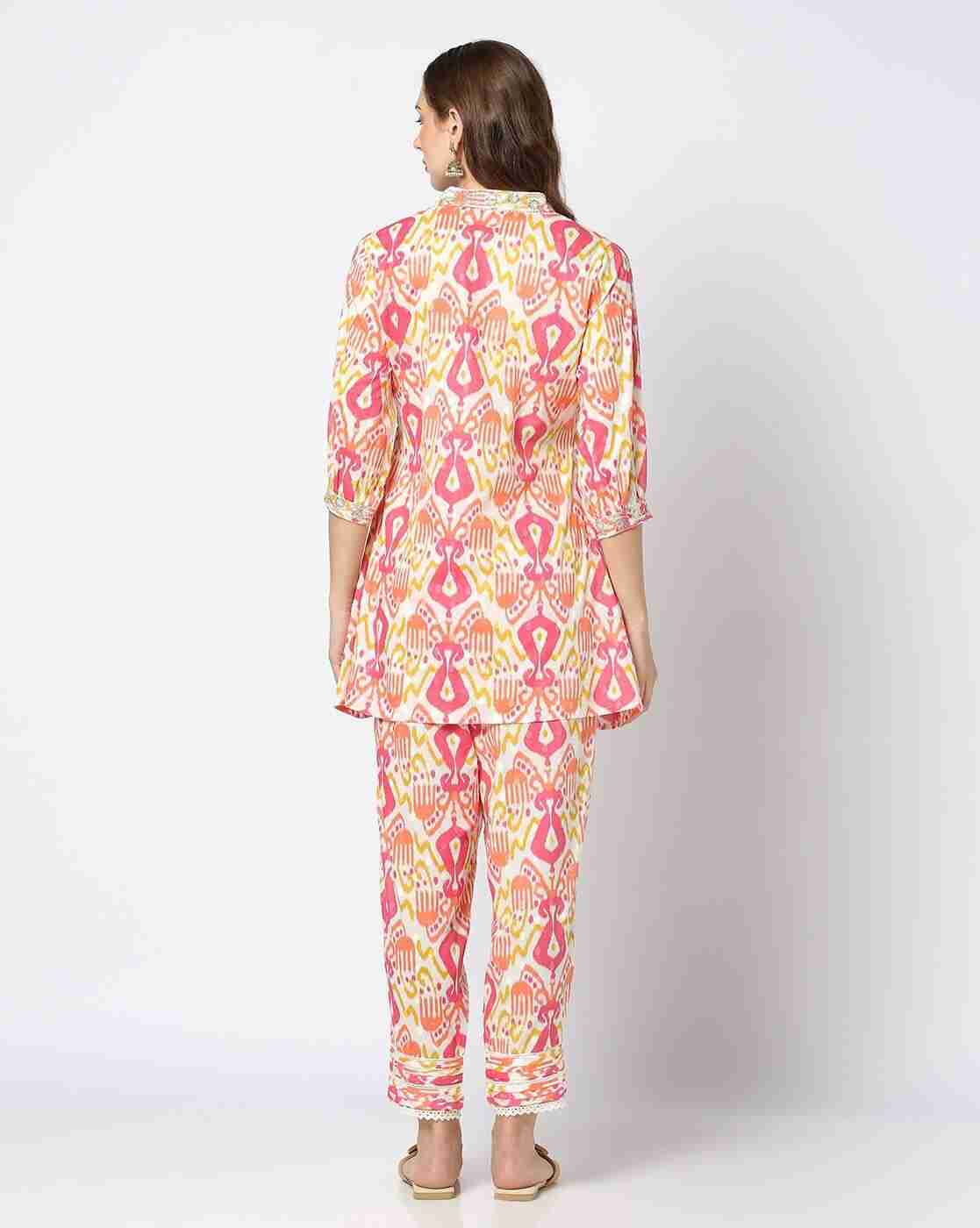 FUSION | Women Ikat Print A-Line Kurta with Pants|2