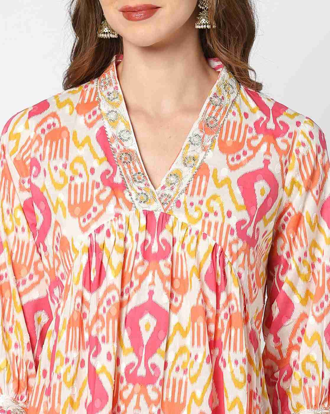 FUSION | Women Ikat Print A-Line Kurta with Pants|3