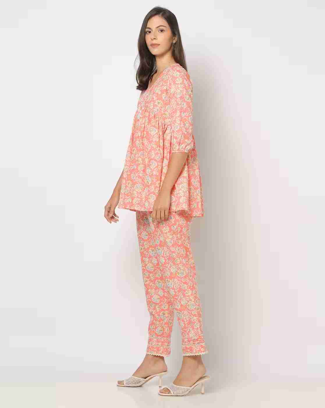 FUSION | Women Floral Print A-Line Kurta with Pants|1