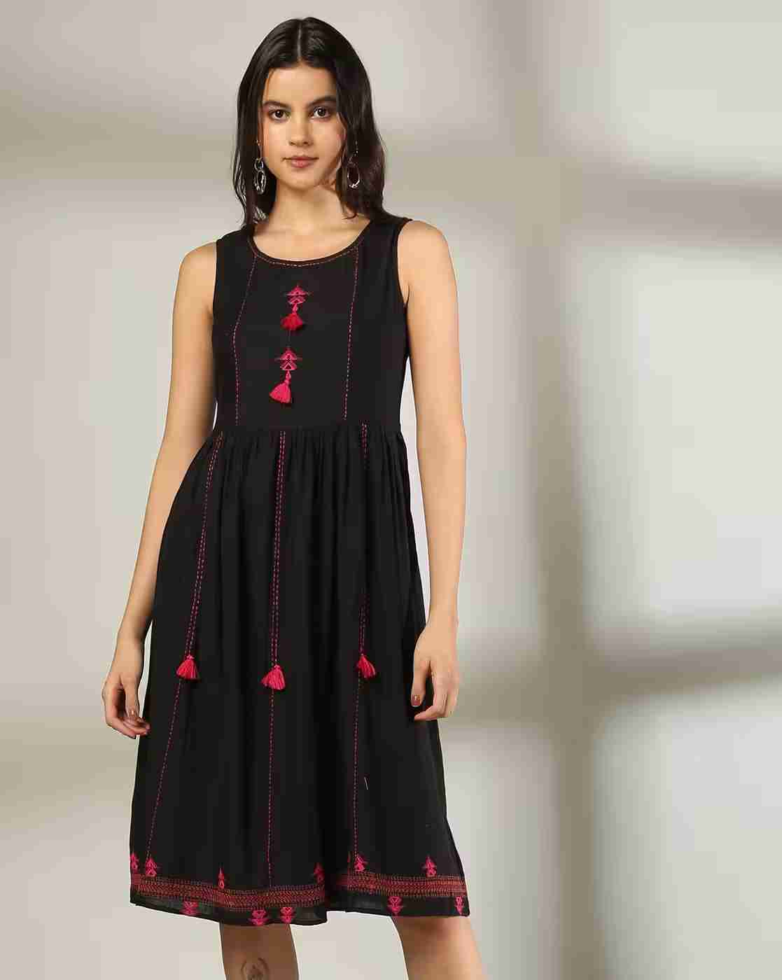 FUSION | Women Round-Neck Fit & Flare Dress with Tassels|0