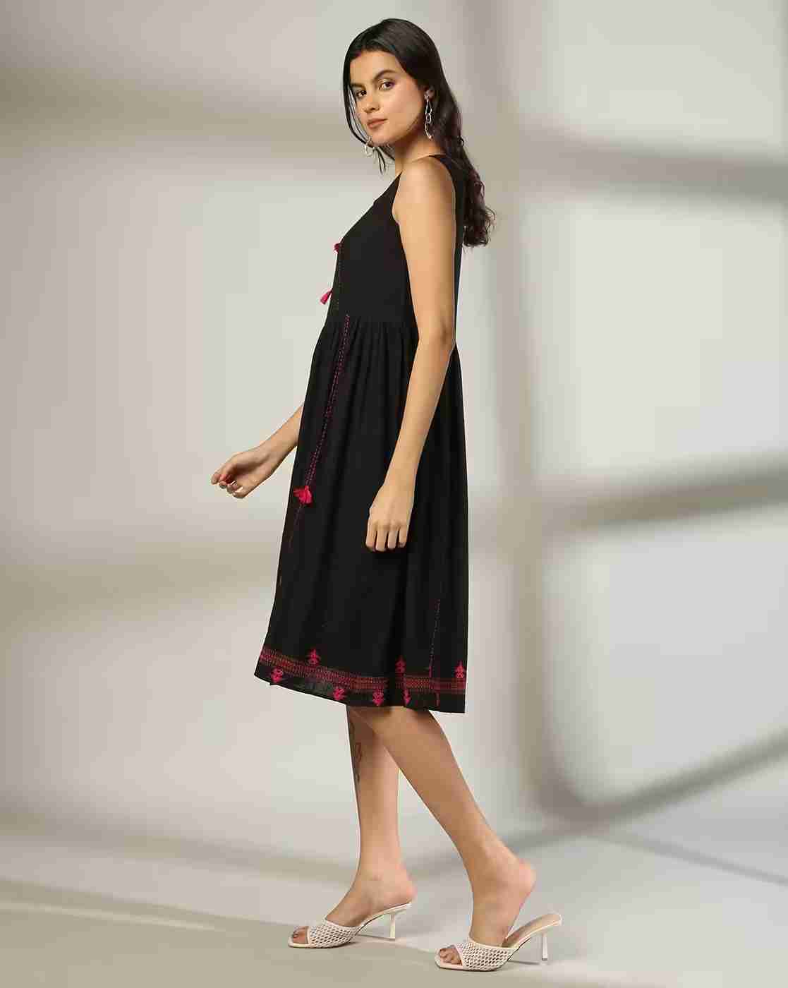 FUSION | Women Round-Neck Fit & Flare Dress with Tassels|1