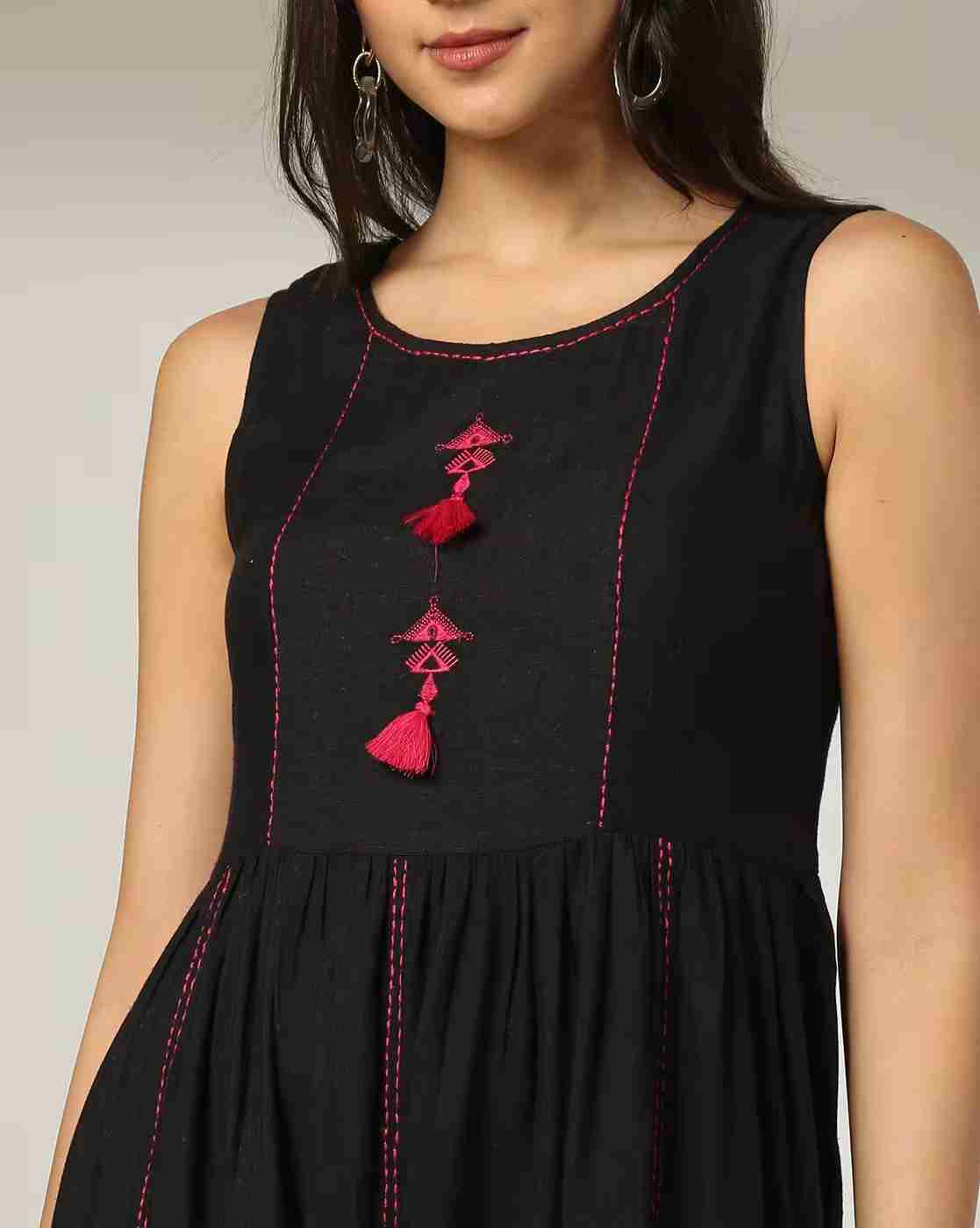 FUSION | Women Round-Neck Fit & Flare Dress with Tassels|3