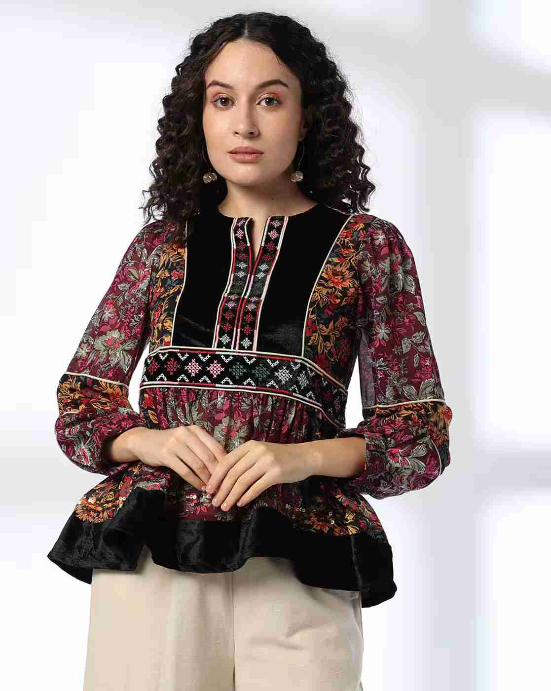 FUSION | Women Floral Print Relaxed Fit Peplum Top|0