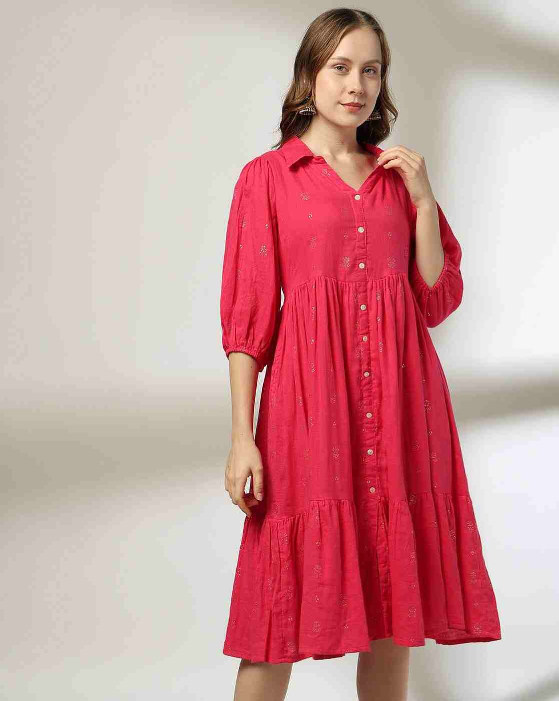 FUSION | Women Foil Print Midi Tiered Dress|0