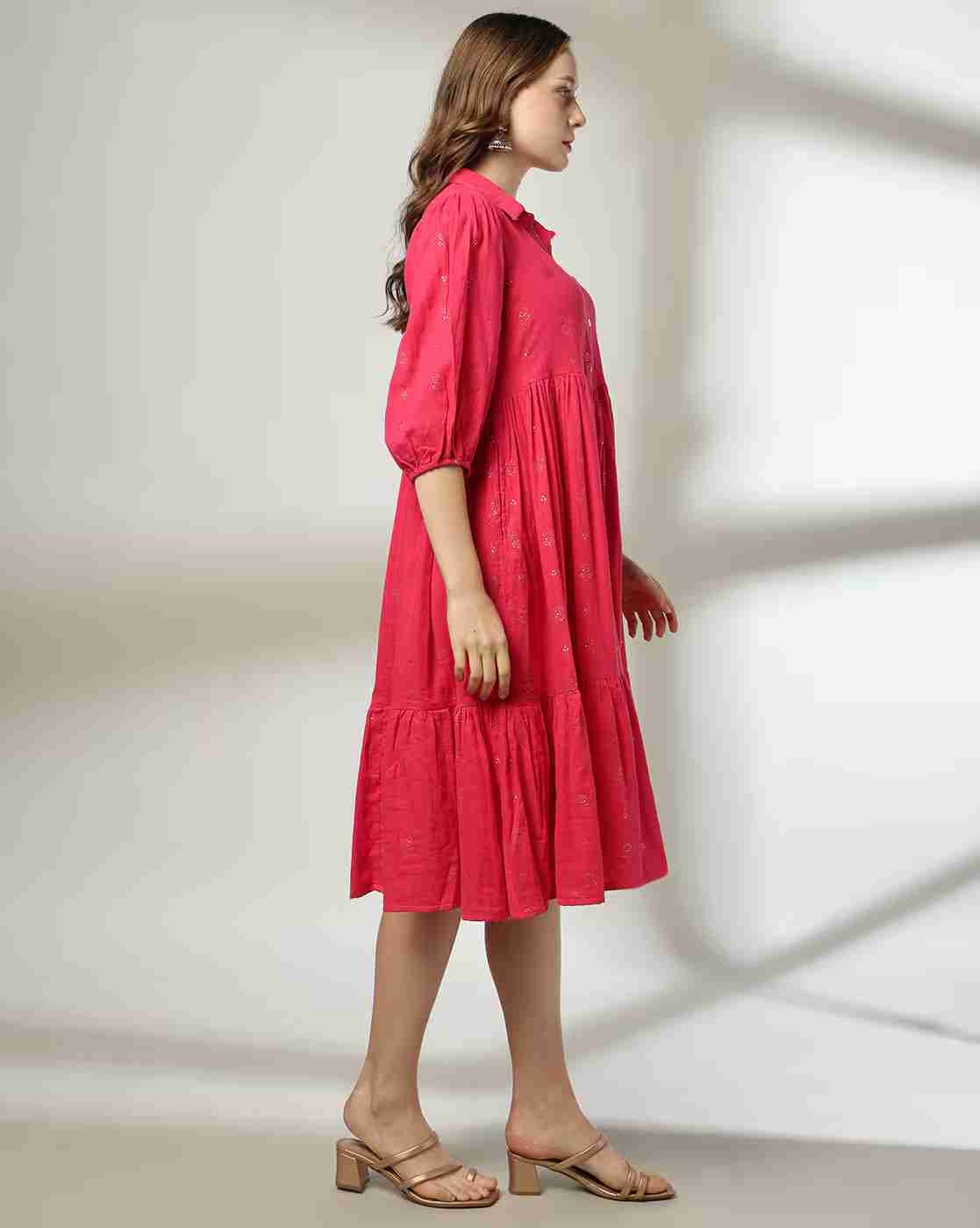 FUSION | Women Foil Print Midi Tiered Dress|1