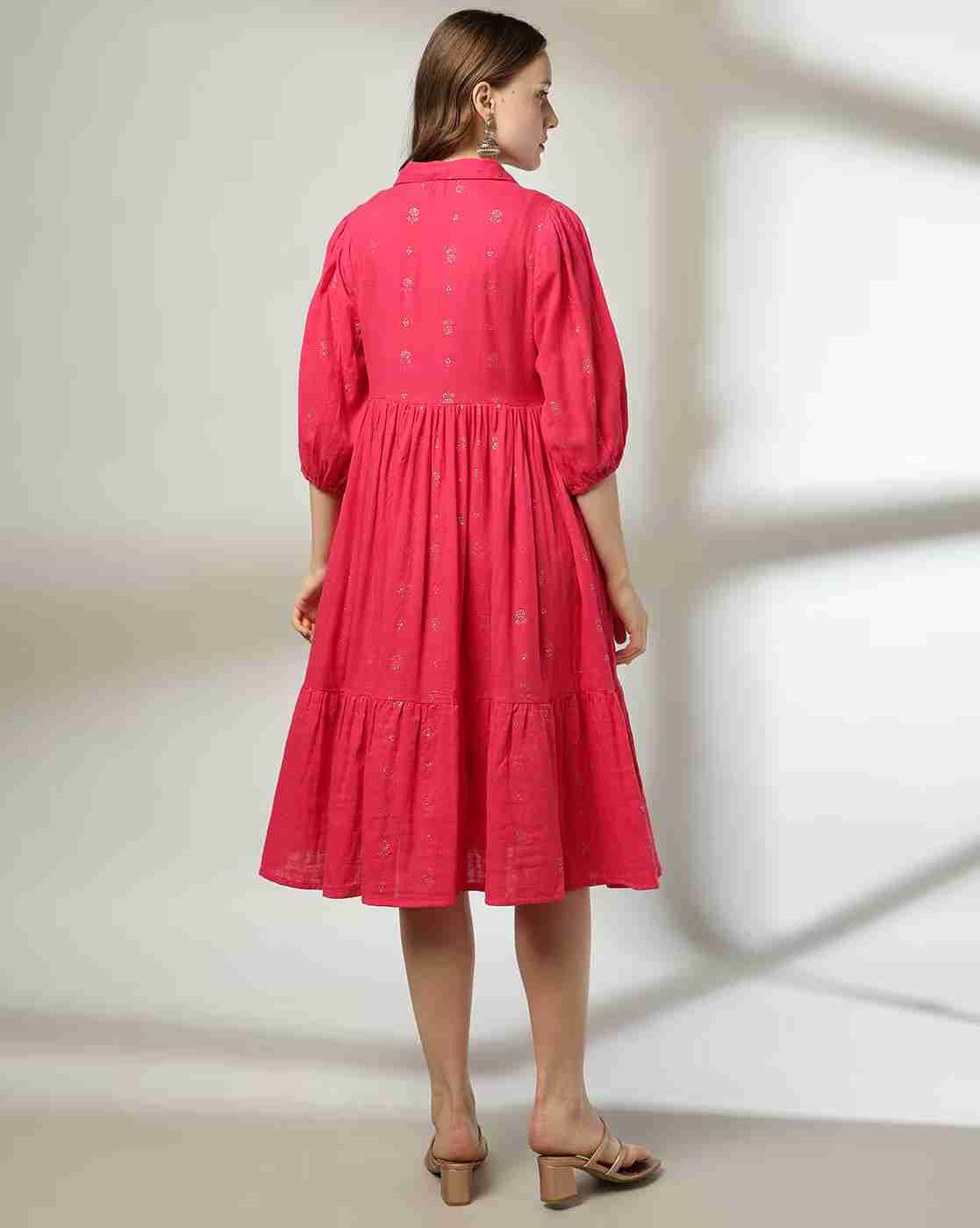 FUSION | Women Foil Print Midi Tiered Dress|2