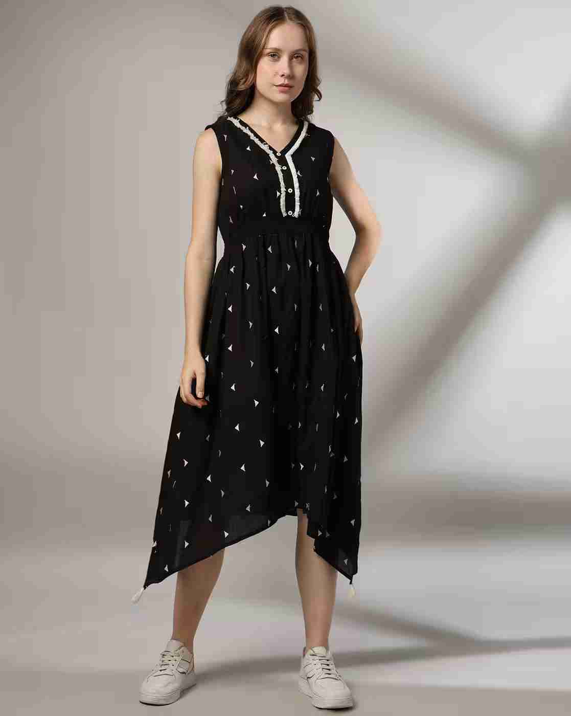 FUSION | Women Embroidered Asymmetric Hemline A-Line Dress|0