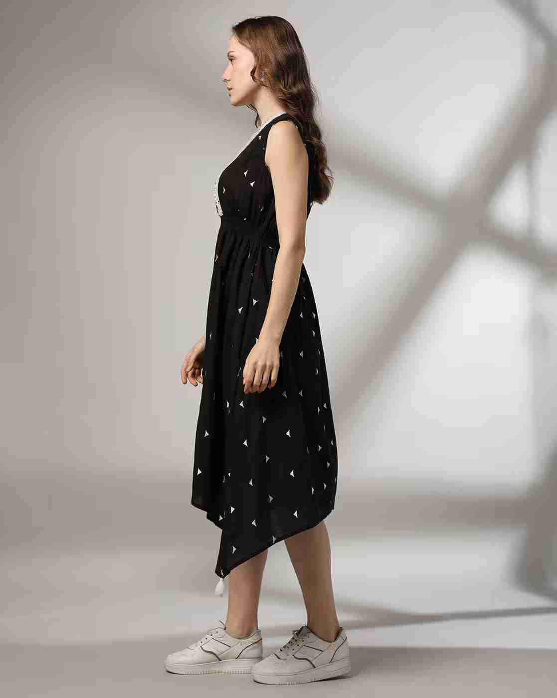 FUSION | Women Embroidered Asymmetric Hemline A-Line Dress|1