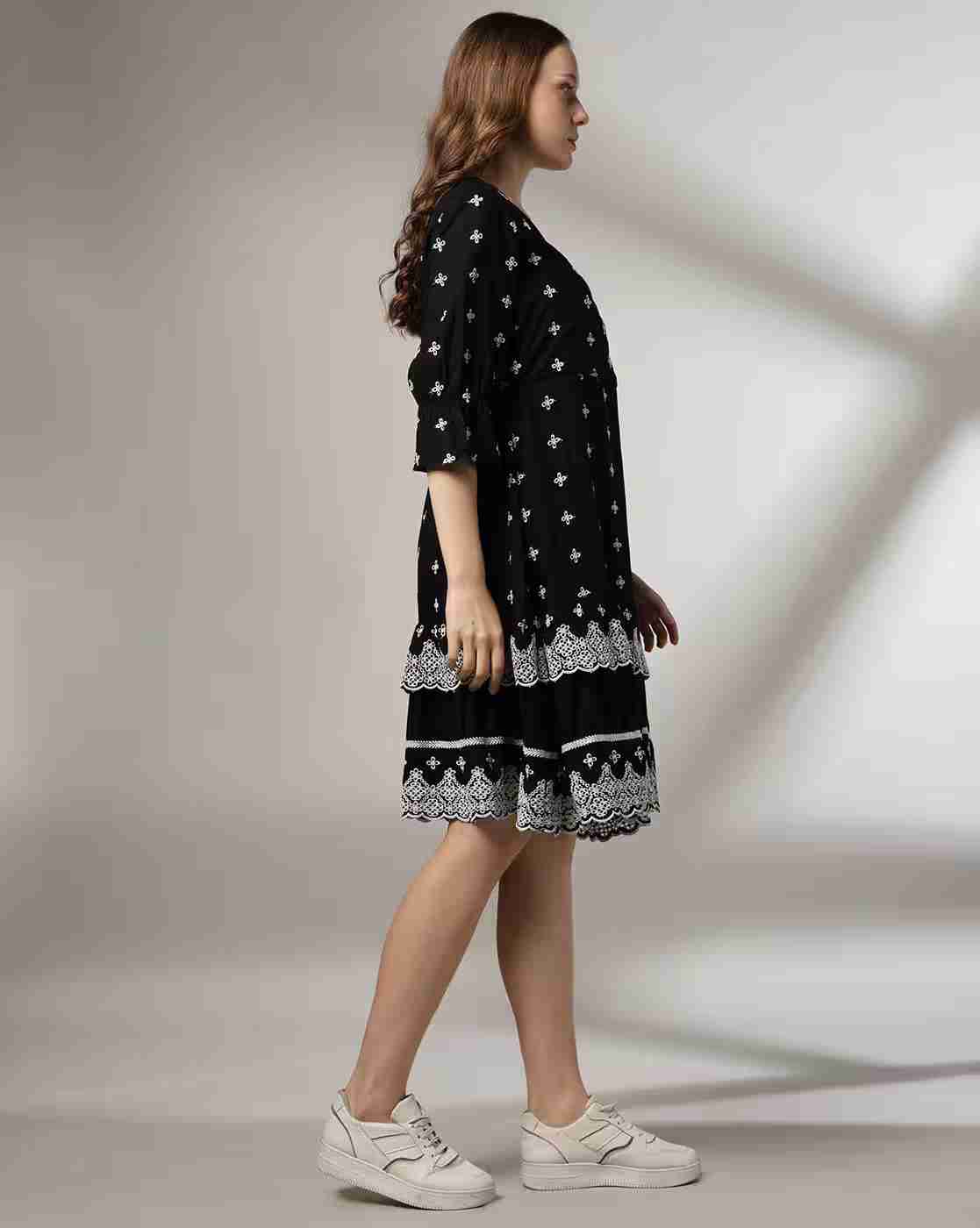 FUSION | Women Schiffli Embroidered Fit & Flare Dress|1