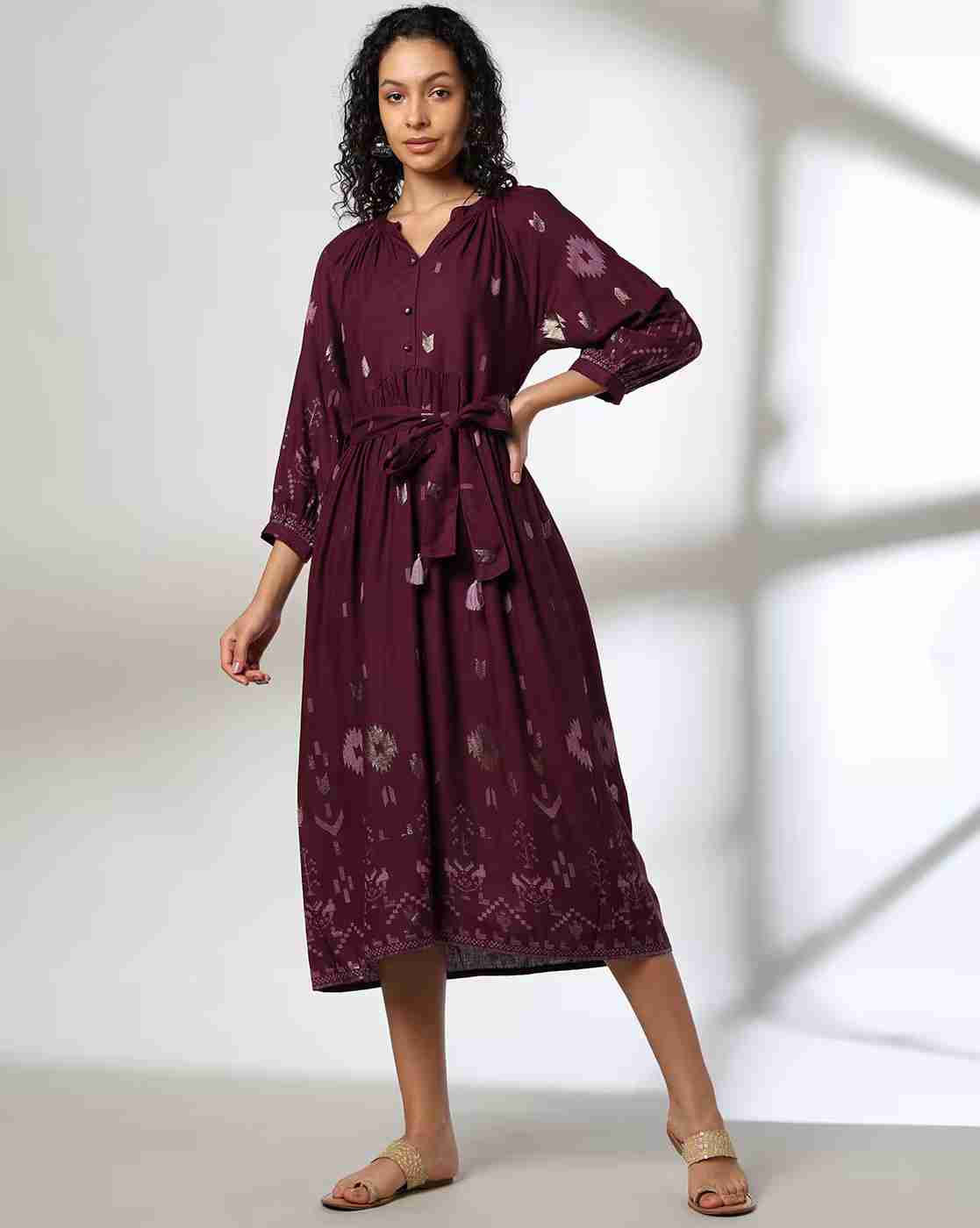 FUSION | Women Printed Fit & Flare Dress with Tie-Up Waist|0