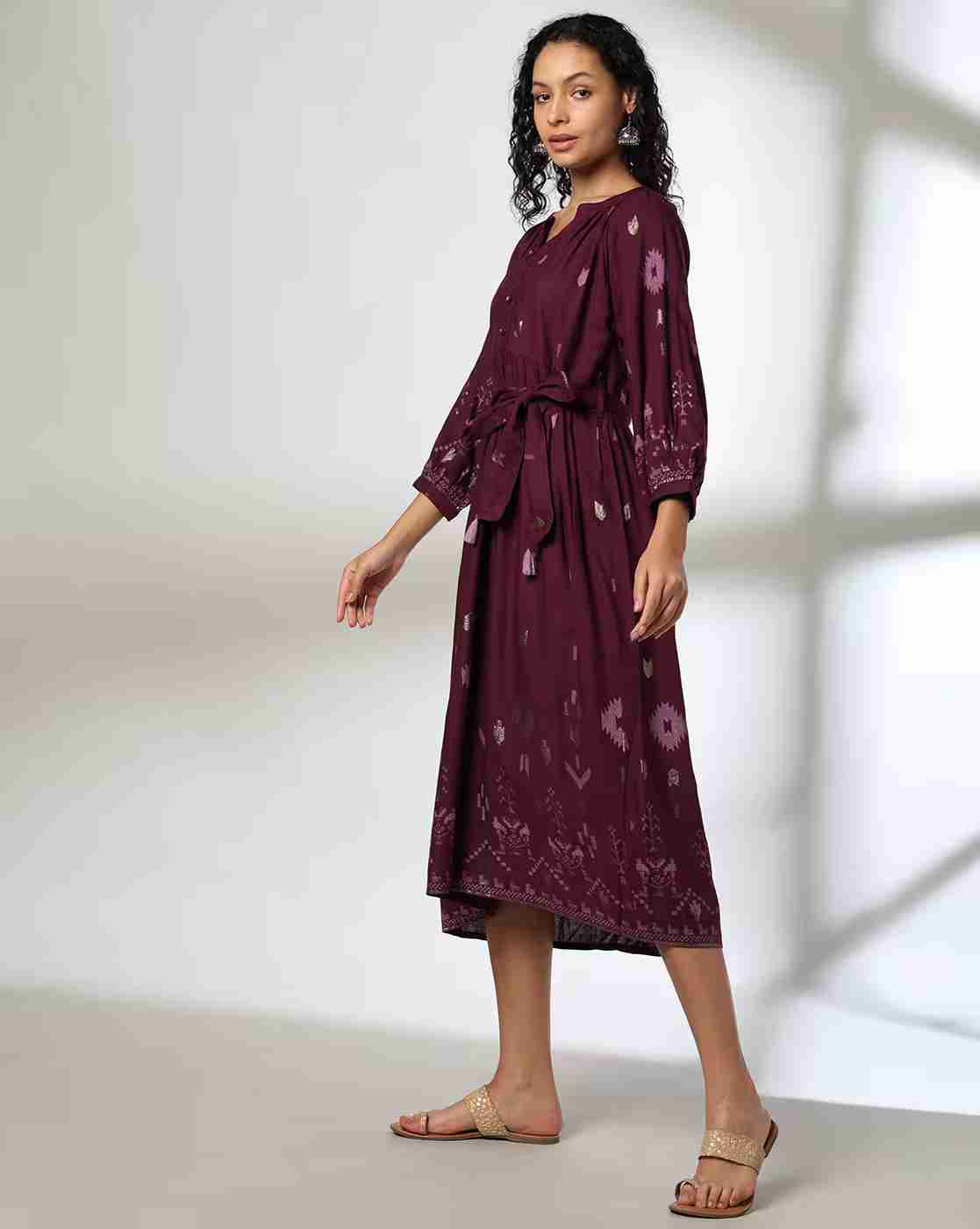 FUSION | Women Printed Fit & Flare Dress with Tie-Up Waist|1