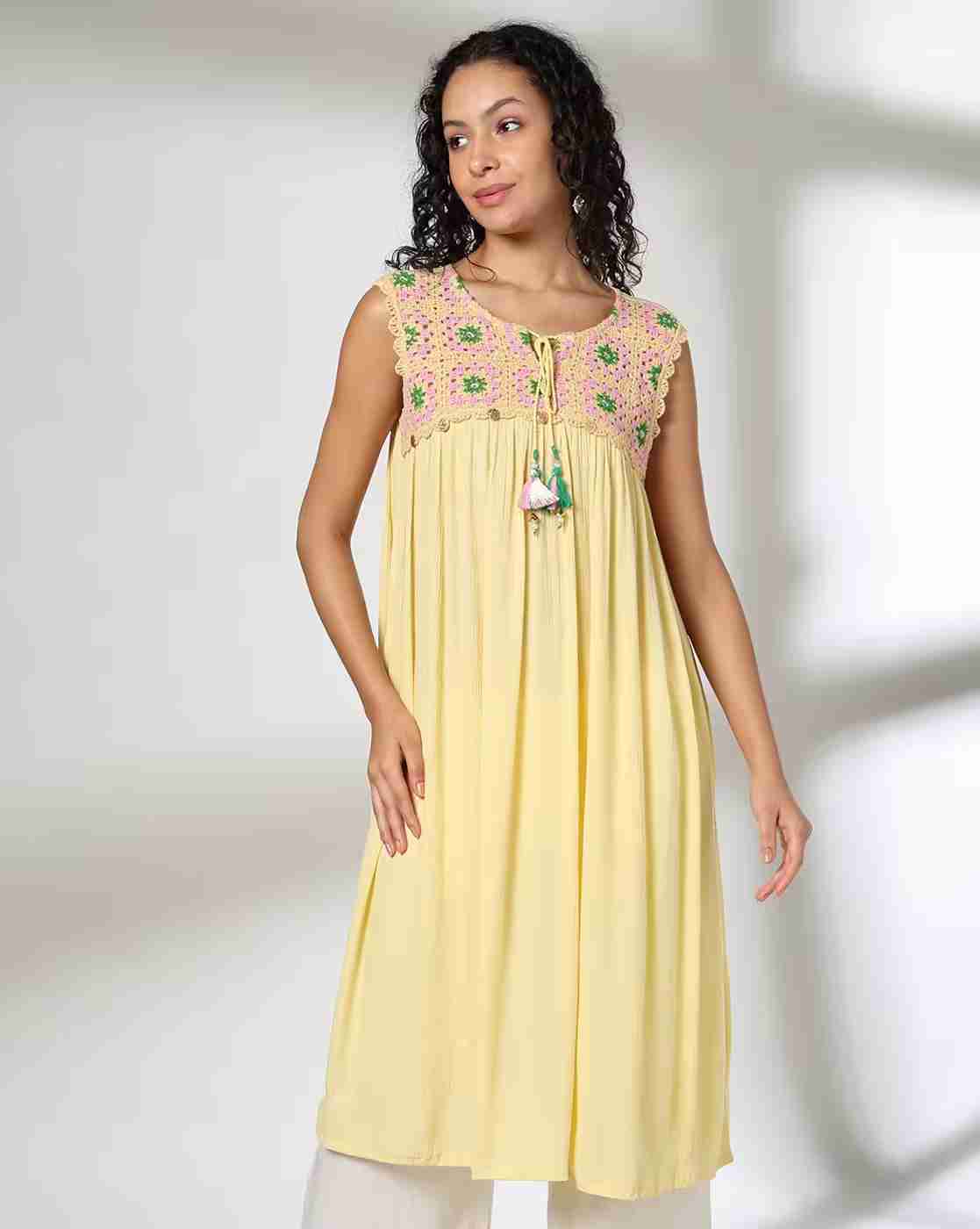 FUSION | Women Relaxed Fit Tunic with Embroidered Yoke|0