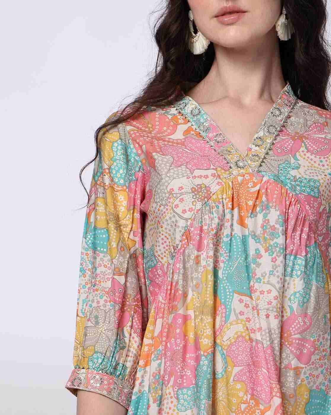 FUSION | Women Floral Print Flared Kurta & Pants Set|3