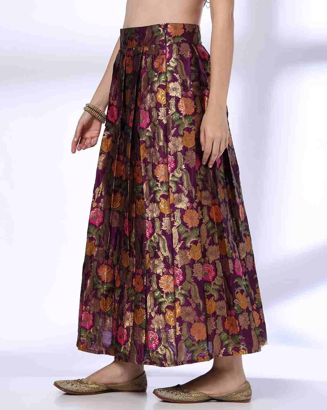 FUSION | Women Floral Brocade Pleated Flared Skirt|1