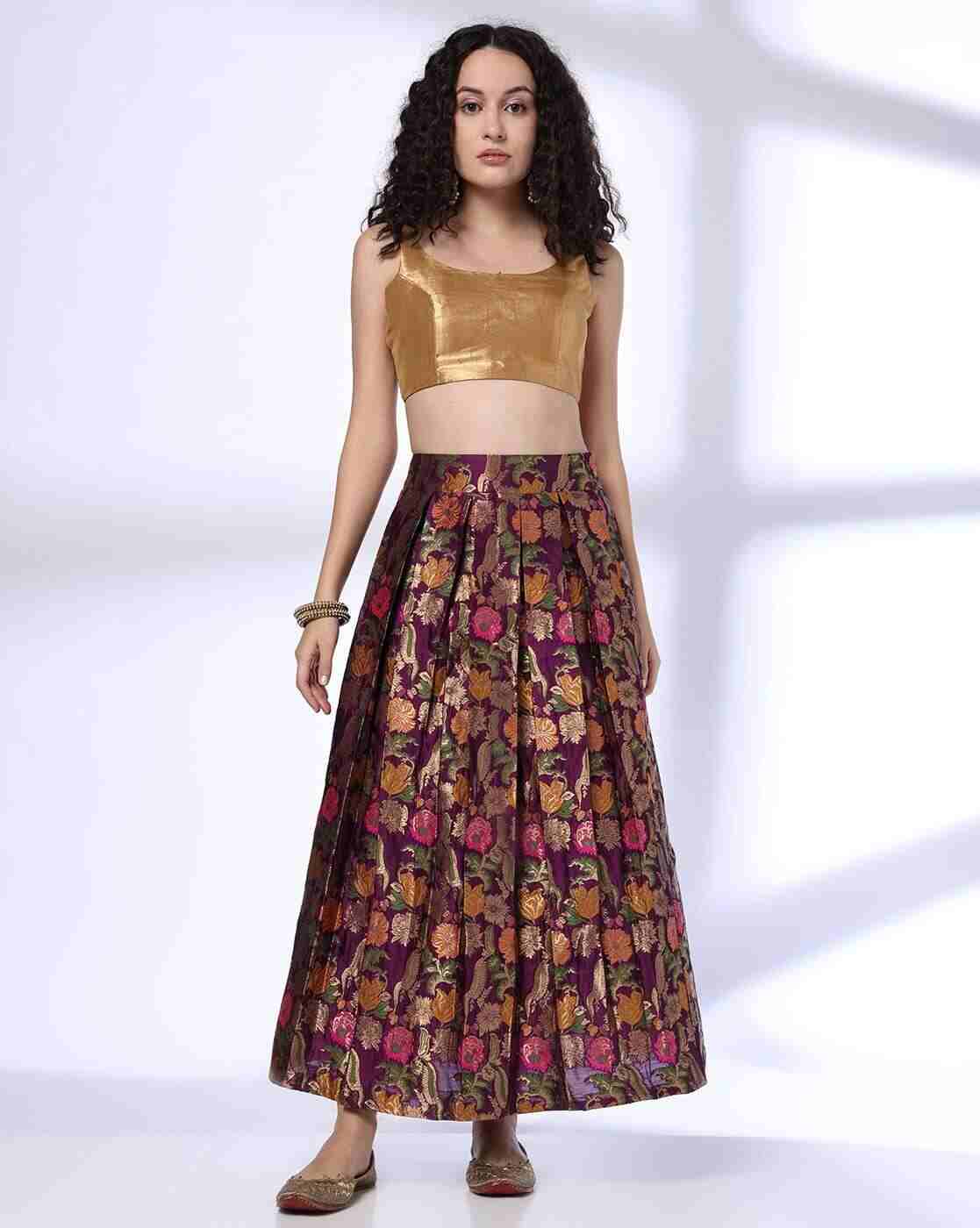 FUSION | Women Floral Brocade Pleated Flared Skirt|3