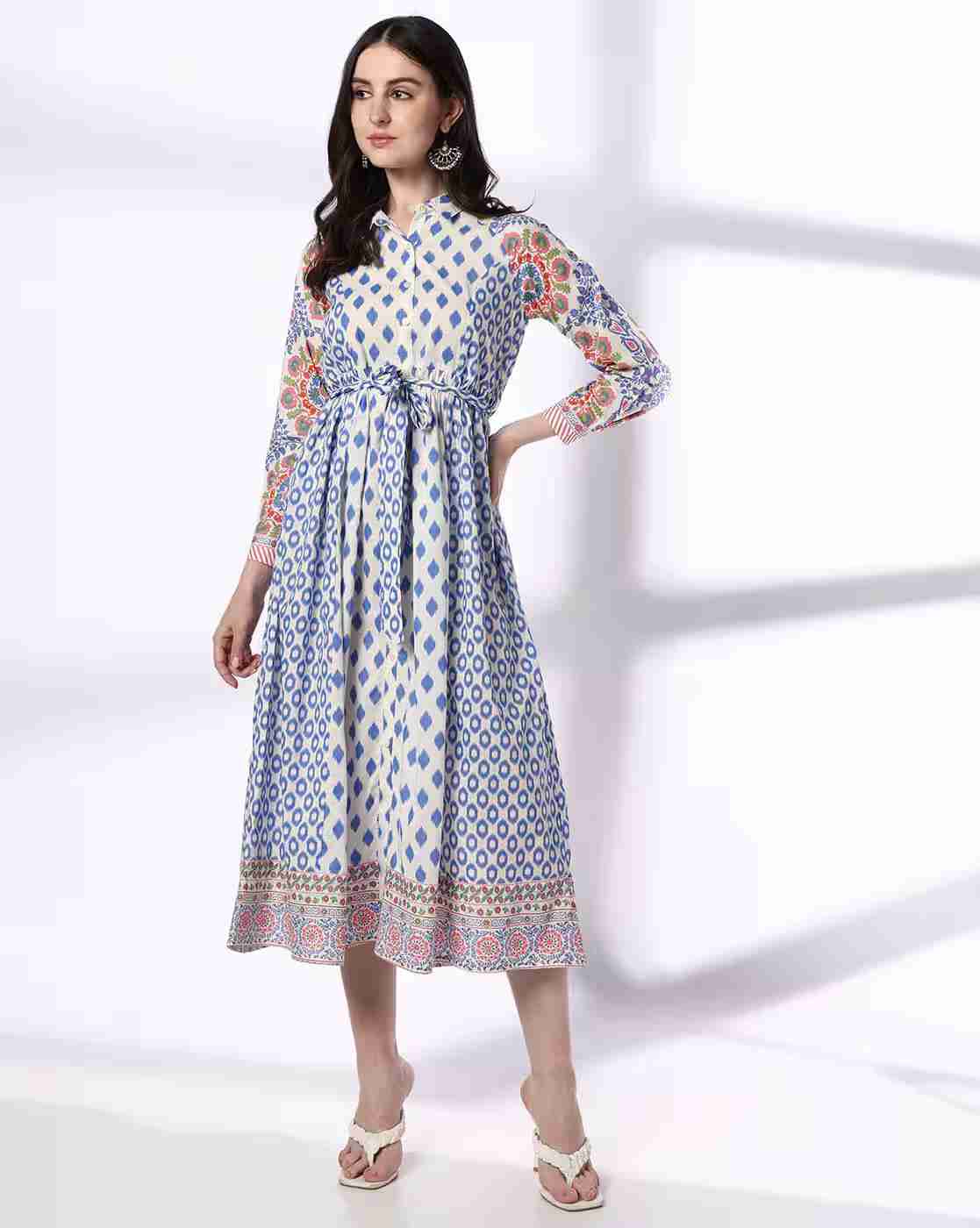 FUSION | Women Printed A-Line Dress with Tie-Up Belt|0