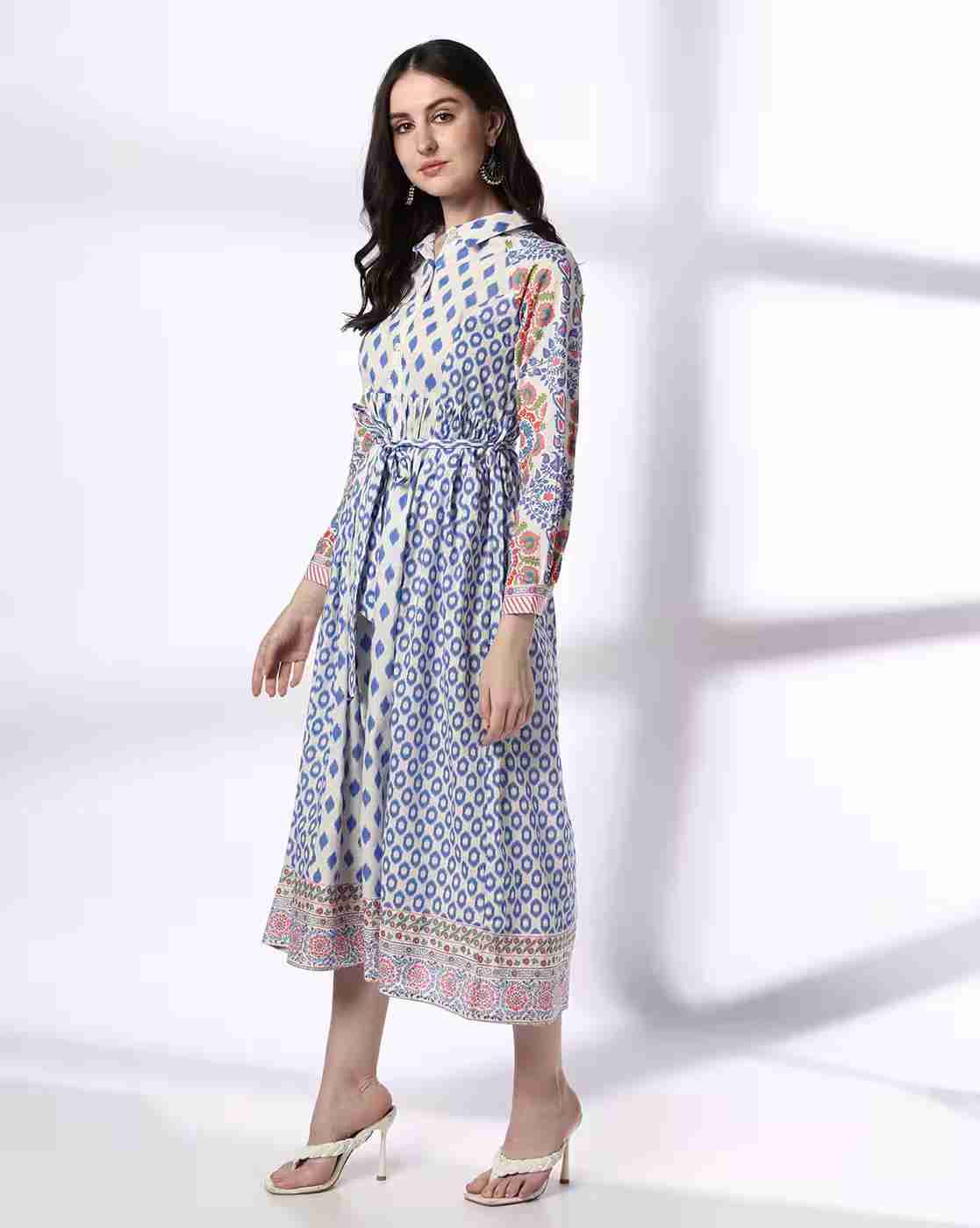 FUSION | Women Printed A-Line Dress with Tie-Up Belt|1