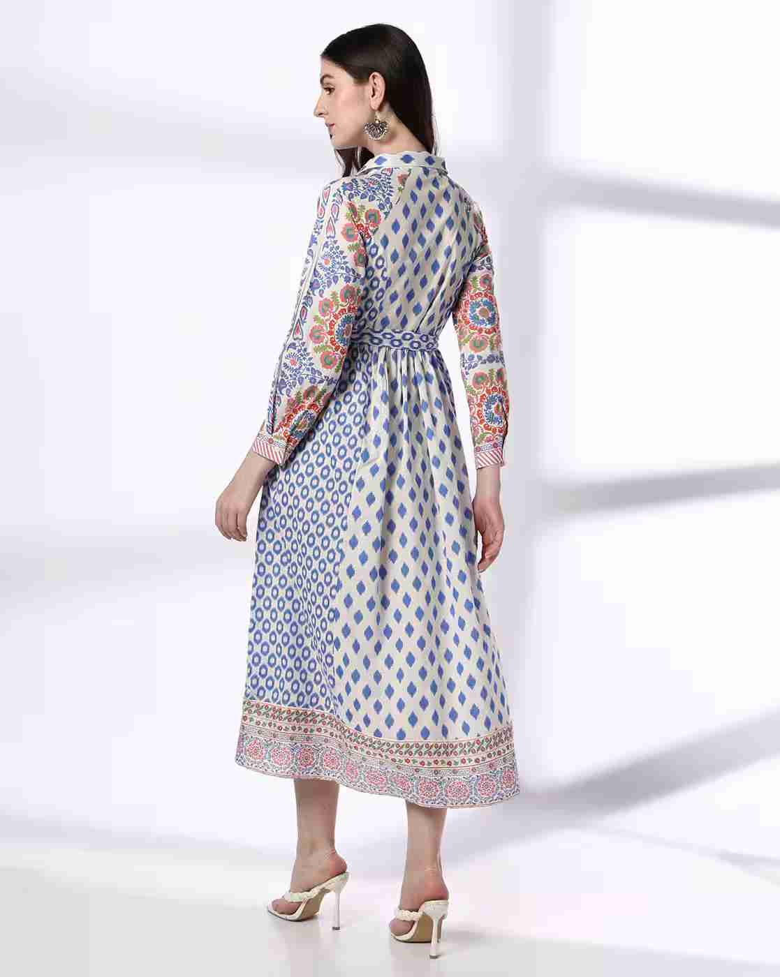 FUSION | Women Printed A-Line Dress with Tie-Up Belt|2