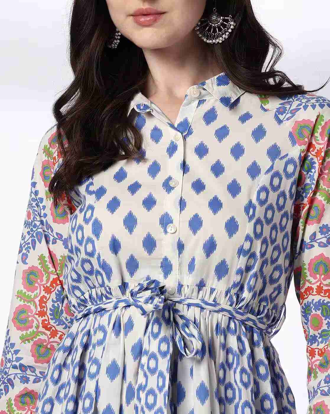 FUSION | Women Printed A-Line Dress with Tie-Up Belt|3