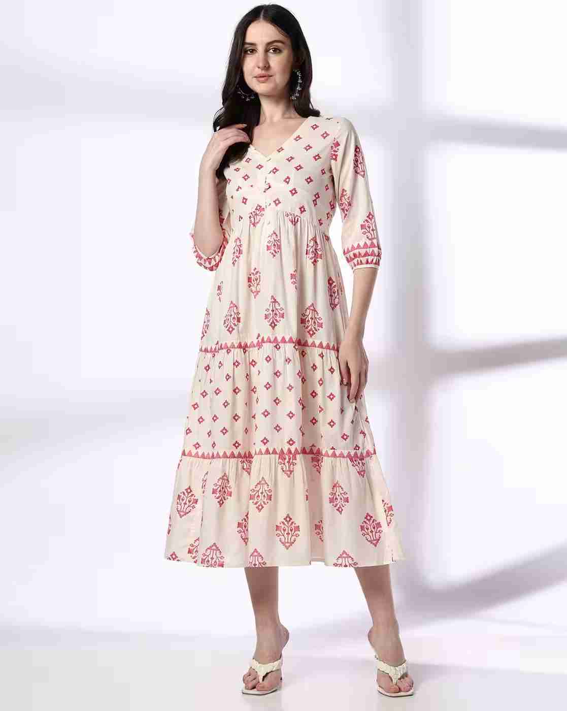 FUSION | Women Floral Print V-Neck Tiered Dress|0