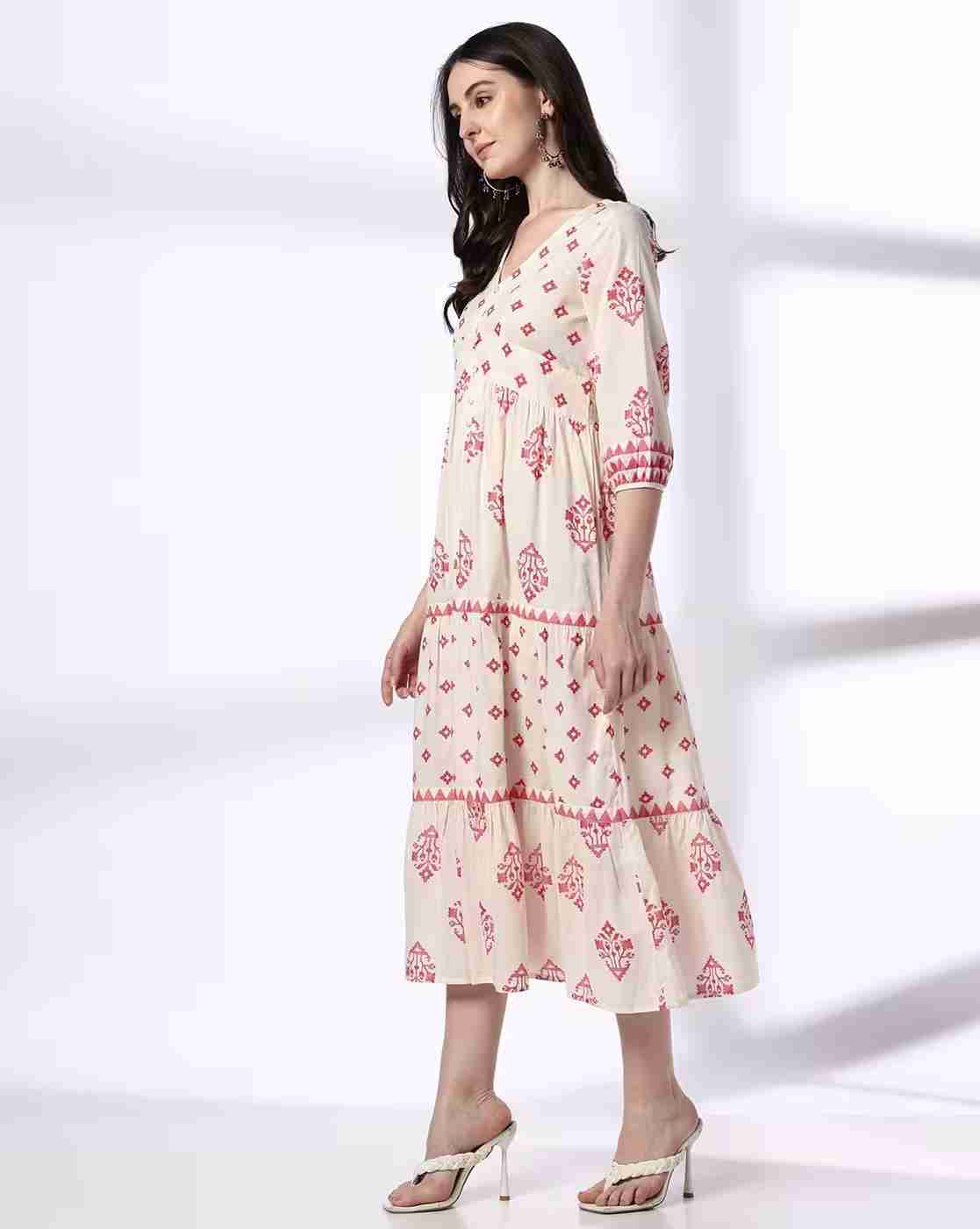 FUSION | Women Floral Print V-Neck Tiered Dress|1
