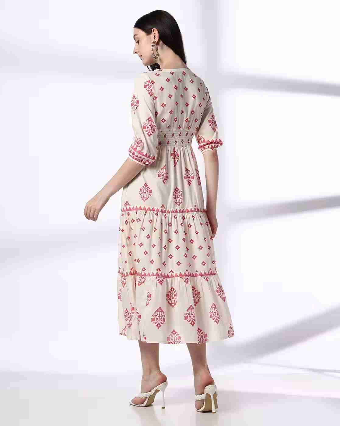 FUSION | Women Floral Print V-Neck Tiered Dress|2