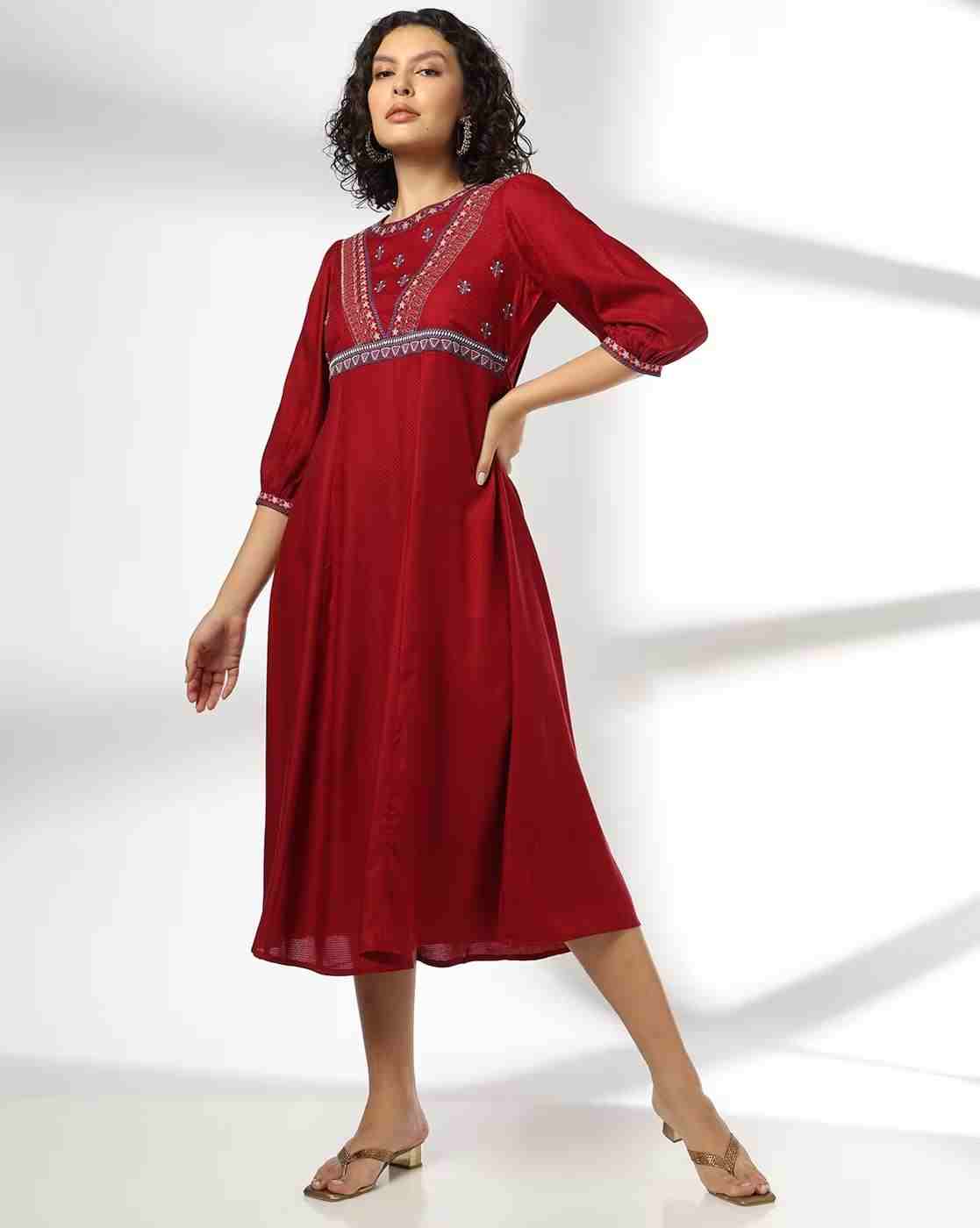 FUSION | Women Embroidered Yoke Fit & Flare Dress|0